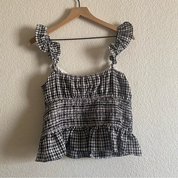 WAYF Check Smocked Waist Top Black White XL - Picture 8 of 10